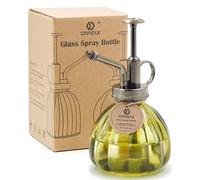 OFFIDIX Glass Watering Spray Bottle,6.3In Vintage Style Spritzer OliveGreen | with Bronze Plastic Top Pump Flower Watering Can for Home or Office