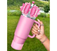 OffiEase Bow Accessories for Stanley Cup 40 30 oz - Cute Pink Bow Straw Cover Lid Topper Diamond Caps Silicone Boot Sleeve Decor for Stanley Water Bottle Tumbler