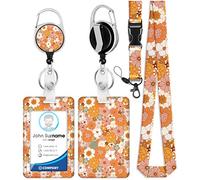 OffiEase Retractable Lanyard with ID Card Badge Holder - Heavy Duty Lanyards for Neck Strap Key with Safety Breakaway Extender Extendable Reel Keychain Keyring Kids Men Women （ Orange Daisy）