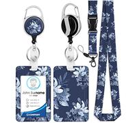 OffiEase Retractable Lanyard with ID Card Badge Holder - Heavy Duty Lanyards for Neck Strap Key with Safety Breakaway Extender Extendable Reel Keychain Keyring Kids Men Women （Blue Flower）
