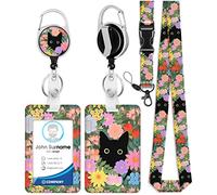 OffiEase Retractable Lanyard with ID Card Badge Holder - Heavy Duty Lanyards for Neck Strap Key with Safety Breakaway Extender Extendable Reel Keychain Keyring Kids Men Women (Cat Flowers)