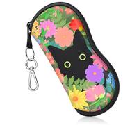 OffiEase Soft Glasses Eyeglass Case Bag With Clip - Reading Glass Pouch for Kids Women Men Black Cat Flowers Neoprene Cloth Travel Extra Large Slim Cases With Zipper
