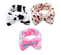 OFFIGAM 3pcs Bowknot Makeup Headband Set Soft Microfiber Elastic Hair Bands for Washing Face Shower Spa Includes Pink Rabbit Cow Print and Pink Leopard Designs
