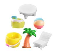 OFFIGAM 6pcs Miniature Beach Micro Landscape Decorations Summer Resin Ornaments for Home Decor Tiny Coastal Theme Figurines Including Ball Bucket Coconut Drink and Log Table