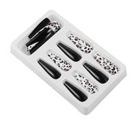 OFFIGAM False Nails Not Easily Break or Deform Long Coffin 24pcs Black Leopard Pattern Made of Sturdy Abs Material Unique Nail Art Design for Women and Girls for Home and Parties