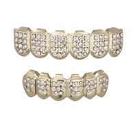 OFFIGAM Gold Plated Hip Hop Dentures Set with 12 Upper and 8 Lower Rhinestones Decorative Artificial Teeth Sleeves for Costume and Props Golden False Teeth Model