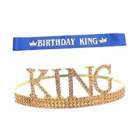 OFFIGAM King Crown Sash Birthday Costume Accessories Glitter Party Crown with Rhinestones for Prom Cosplay Events Elegant Birthday Headband Sash Set for Men