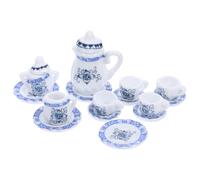 OFFIGAM Miniature Ceramic Tea with Teapot and Cups Vintage Doll House Accessories for Decoration Blue Floral Dollhouse Kitchen Collection