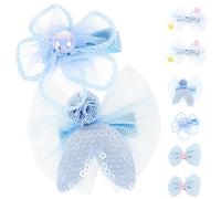 OFFIGAM Rabbit Ear Bow Hair Clips 8 Pieces Blue Mesh Sequin Flower Hair Barrettes for Kids Girls Toddler