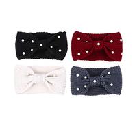 OFFIGAM Women'S Elastic Woolen Headbands 4Pcs Knitted Pearl Hair Bands with Bowknot for Winter Sports and Daily Use