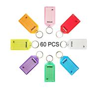 OFFIWIN 60 PCS Plastic Key Tags Keys Identifier ID Labels with Split Ring Label Window, Assorted Colors in one PET Jar