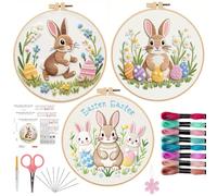 Offizon 3 PCS Embroidery Kit for Beginners - Cross Stitch DIY Craft Set, Bird Embroidery Accessories & Hoop Included, Hand Embroidery Kit for Adults Stitching Sewing Kit Gift | Rabbit A