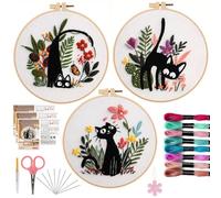 Offizon 3 PCS Embroidery Kit for Beginners - Cross Stitch DIY Craft Set, Cat Embroidery Accessories & Hoop Included, Hand Embroidery Kit for Adults Stitching Sewing Kit Gift | Cat