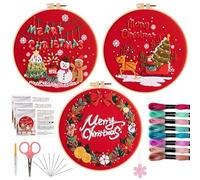Offizon Christmas Embroidery Kit for Beginners, 3 PCS Starter Cross Stitches, Red Santa Handicrafts, Merry Chistmas