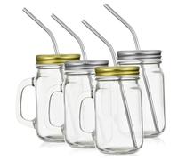 OFFSCH 4 Pcs Glass Drinking Cups with Lids Handles and Stainless Steel Straws Square Mason Jar Mugs Clear Glass Tumblers for Water Juice Milk Practical Gift for Home Office Use