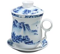 OFFSCH Ceramic Chinese Tea Cup Set with Lid and Filter, Blue and White Porcelain Traditional Teacup 4pcs Set for Brewing Tea at Home or Office