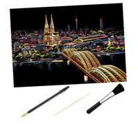 OFFSCH DIY Scratch Picture Cologne Cathedral Night Scene Kit with Scratch Paper Crafts Includes Bamboo Stick Gold Pen Black Brush for Artistic Scraping Painting and Home Decoration