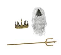 OFFSCH Gold Trident and King Crown Cosplay Set, 1 Set Halloween Costume Accessories for Adults, Stage Performance Prop with Wig and Fake Beard