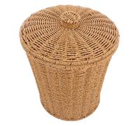 OFFSCH Handwoven Round Storage Basket with Lid Fake Rattan Laundry Hamper for Household Sundries Lightweight Portable Decorative Woven Basket