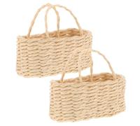 OFFSCH Miniature Dollhouse Woven Basket 2Pcs Set with Handles, Small Beige Wicker Flower Baskets for Fairy Garden, Doll Accessories and Micro Landscape Décor