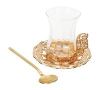 OFFSCH Retro Coffee Cup Set 3-Piece Elegant Glass Teacup and Saucer Set with Spoon Gold Trimmed for Home and Restaurant Use