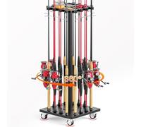 OFIDELITY Fishing Rod Rack for 16 Poles - 360° Rotating Base with Casters, Durable Wooden Pole Holder Stand for Garage Storage, Organiser for Fishing Rods & Equipment, Fishing Gifts for Men (Black)