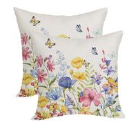 OFIRD Spring Pillow Covers 16x16 Pack of 2 Colorful Floral Butterfly Throw Pillow Covers,Spring Summer Floral Pillowcase Rustic Farmhouse Decorative Linen Cushion Case for Sofa Couch Indoor,Outdoor