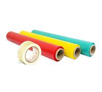 OFITURIA Pack of 3 Foil Colour Packaging + Transparent Adhesive Tape, Elastic Roll, 50 cm Extendable to 300 m, Moving and Packaging Protection - Phytourie (Red, Yellow and Green + Transparent Tape)