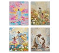 OFJE Christian Jesus with Girl Wall Art Decor Prints Set of 4, Jesus Walking on Water Religious Wall Art Posters Decor for Girls Bedroom Home Living Prayer Room, 8x10 Unframed