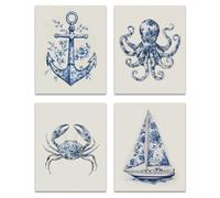 OFJE Coastal Beach Wall Art Decor Prints Set of 4, Chinoiserie Marine Biology Crab Sailboat Anchor Octopus Wall Art Posters Decor for Home Bedroom Living Room, 8x10 Unframed