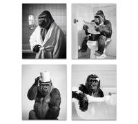 OFJE Funny Gorilla Wall Art Decor Prints, Black and White Gorilla Posters Pictures Wall Decor for Bathroom Washroom,Rustic Retro Wall Decorations Humor Animals Artwork Prints,8x10inchx4pcs,Unframed