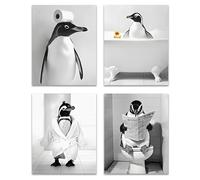 OFJE Funny Penguin Bathroom Wall Art Decor Prints Set of 4, Black and White Penguin in Bathtub Posters Pictures Wall Decor for Bathroom Washroom Restroom, 8x10 Unframed
