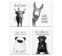 OFJE Highland Cow Donkey Pug Black Lab Bathroom Wall Art Decor Prints Set of 4, Hello Sweet Cheeks Posters Pictures Wall Decor for Bathroom Washroom Restroom, 8x10 Unframed