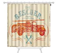 oFloral Fire Truck Shower Curtain 60x72 Inch Vintage Firefighting Label Polyester Stall Curtains with Hooks for Bathroom Showers