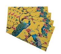 oFloral Peacock Placemats for Kitchen Dining Table Set of 4 Watercolor with on A Tree Cherry Tree with Flowers Yellow Background Linen Washable Heat Resistant Place Mats