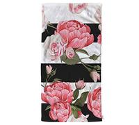 oFloral Peony and Rose Floral Hand Towels Cotton Washcloths,Pink Flower Green Leaves with Black White Stripes Soft Towels for Bathroom Kitchen,Hand Towel 15X30 Inch