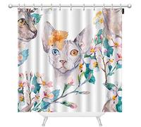 oFloral Sphynx Cat and Tropical Flower Shower Curtain 60x72 Inch Heavy Weighted Fashion Sphinx Spring Pattern Flowering Branches Polyester Stall Curtains with Hooks for Bathroom Showers