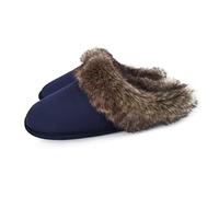 Ofoot Men's & Women's Micro Suede Winter Slippers Cable Knit Lining, Furry Cuff Indoor Slippers with EVA Sponge Anti-Slip, Navy, 4.5/5.5 UK