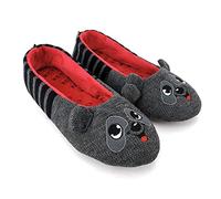 ofoot Womens Ballerina Fluffy Knit Scuff Slippers,Cute Novelty Animal Face Anti-Slip Rubber Sole House Flat Shoes (Dark Gray Raccoon, 3/4 UK)