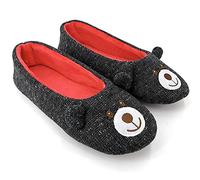 ofoot Womens Ballerina Fluffy Knit Scuff Slippers,Cute Novelty Animal Face Anti-Slip Rubber Sole House Flat Shoes (Charcoal Bear, 7/8 UK)