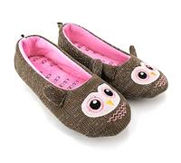 ofoot Womens Ballerina Fluffy Knit Scuff Slippers,Cute Novelty Animal Face Anti-Slip Rubber Sole House Flat Shoes (Brown Owl, 5/6 UK)