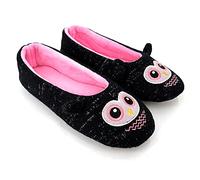 ofoot Womens Ballerina Fluffy Knit Scuff Slippers,Cute Novelty Animal Face Anti-Slip Rubber Sole House Flat Shoes (Black Owl, 5/6 UK)