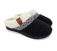 ofoot Womens Comfortable Fuzzy House Slippers Mules Indoor Outdoor Clogs Bedroom Shoes Warm Faux Shearling with Lace,Cozy Memory Foam Insole Non Slip Rubber Hard Sole (Black, 7/7.5 UK)