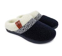 ofoot Womens Comfortable Fuzzy House Slippers Mules Indoor Outdoor Clogs Bedroom Shoes Warm Faux Shearling with Lace,Cozy Memory Foam Insole Non Slip Rubber Hard Sole (Navy Blue, 8/8.5 UK)