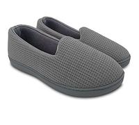 ofoot Womens Comfortable Memory Foam House Slippers Indoor Flat Shoes With Back Knit Waffle Cotton Terry Cloth Lining Non Slip Soles (Light Grey, UK 7.5-8)