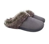ofoot Womens Memory Foam Moccasin Suede Fur Slippers Ladies Bedroom Clogs Non Slip Hard Rubber Soles Indoor Outdoor(UK 4-5, Grey)