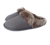 ofoot Womens Winter Warm Moccasins Faux Fur Suede Slippers Indoor Mules Knit Lined Furry House Shoes Non-Slip Rubber Sole (Grey, 4.5/5.5 UK)