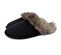 ofoot Womens Winter Warm Moccasins Faux Fur Suede Slippers Indoor Mules Knit Lined Furry House Shoes Non-Slip Rubber Sole (Black, 6/6.5 UK)
