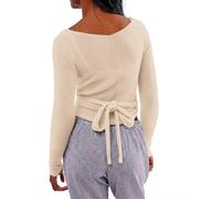OFSOAK Womens Wool Tie Front Tops Crop Top Solid Long Sleeve Solid V-Neck Lightweight Crochet Cardigan Crop, Beige, M