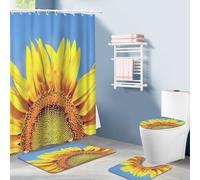 Ofteber 4PCS Bathroom Set with Shower Curtain, Gold Purple Bathroom Shower Curtain Set with Rugs, Incl Shower Curtain with 12 Hooks, Soft Bath Mat, U-Shaped Floor Mat, Toilet Lid Oval Rug (Style 3)
